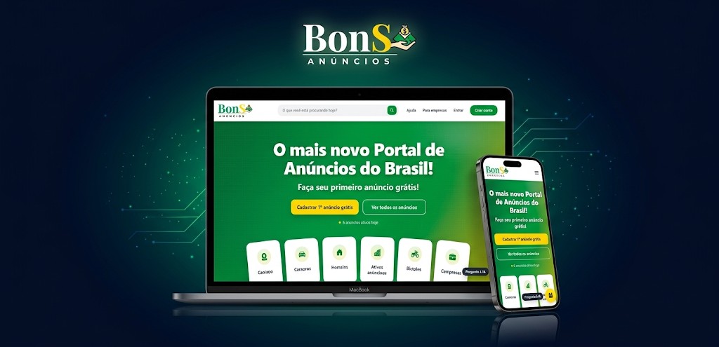 Bons Anúncios no notebook e no celular, portal de classificados online com inteligência artificial da Web Design Company