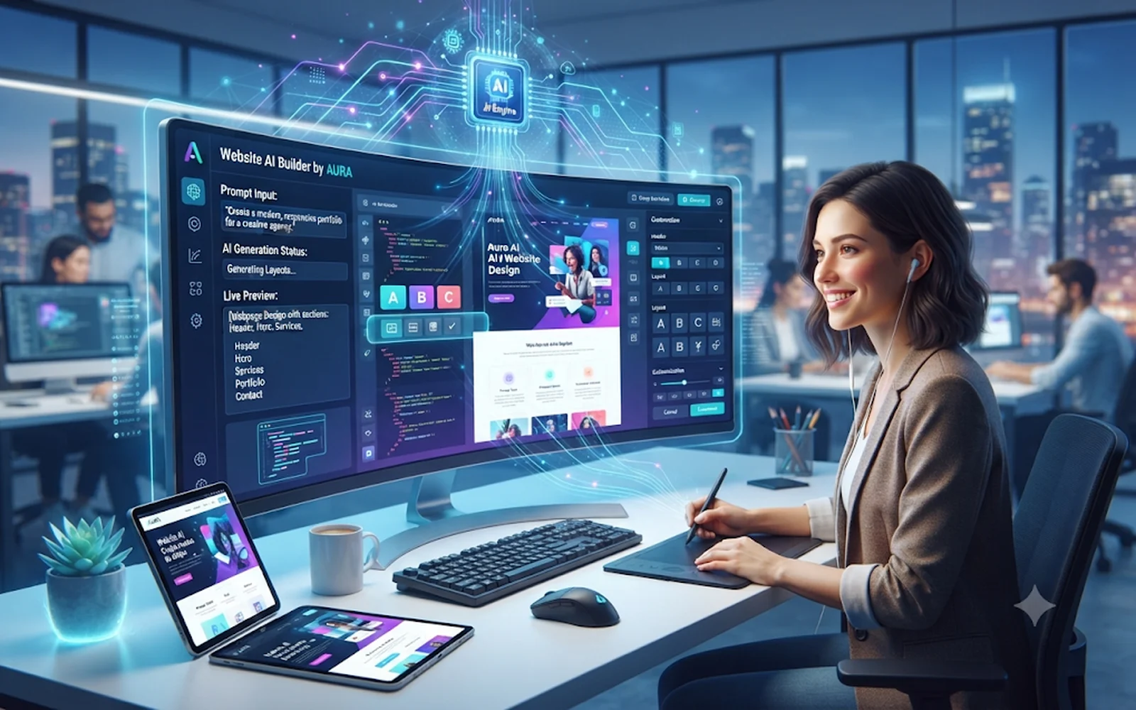 Criação de sites com IA em São Paulo — designer em escritório moderno com interface de Website AI Builder e preview mobile