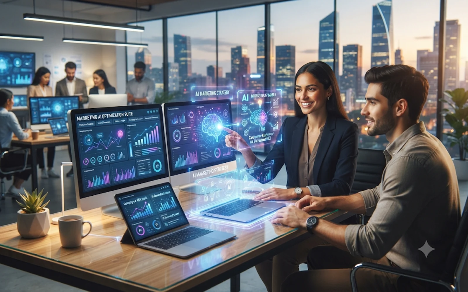 Marketing digital com IA em São Paulo — equipe analisando dashboards de SEO, tráfego e campanhas com inteligência artificial