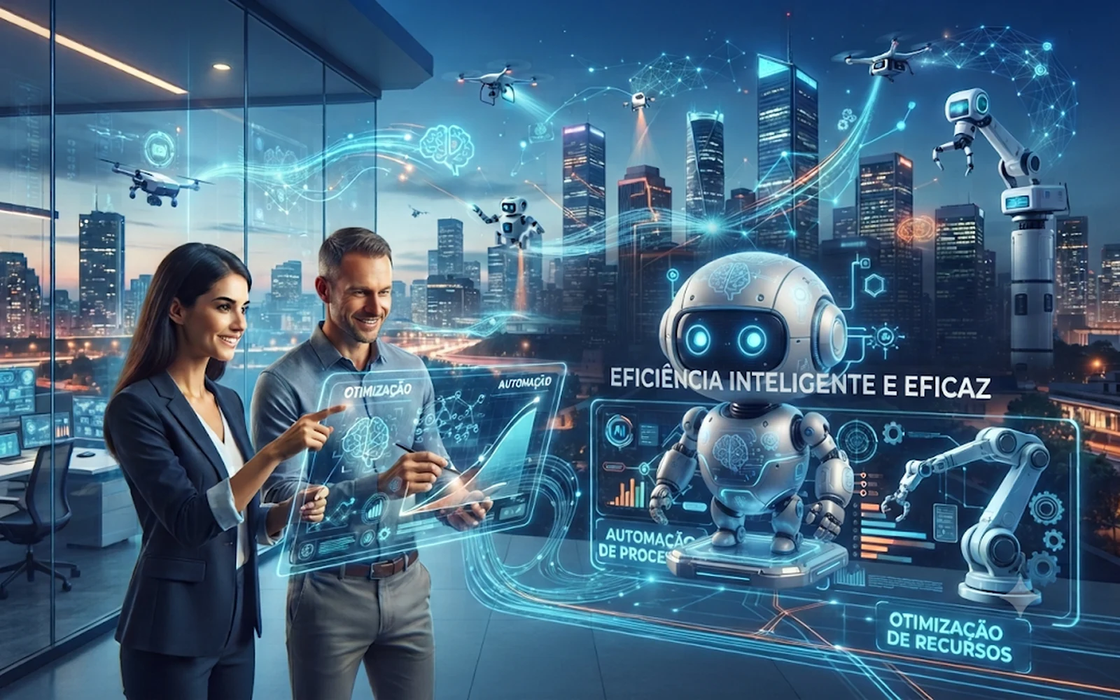 Otimização e automação de sites com IA em São Paulo — robô e painéis holográficos de eficiência e automação de processos