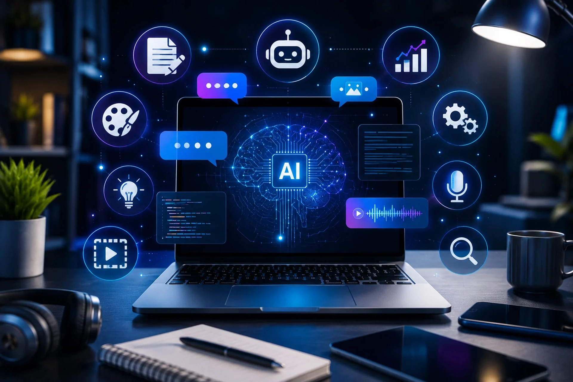 Otimização de sites com IA em São Paulo — notebook com cérebro digital AI, chatbots e automação inteligente da Web Design Company